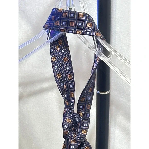 Robert Talbots Navy Blue Orange Geometric Square Pattern Silk Mens Tie